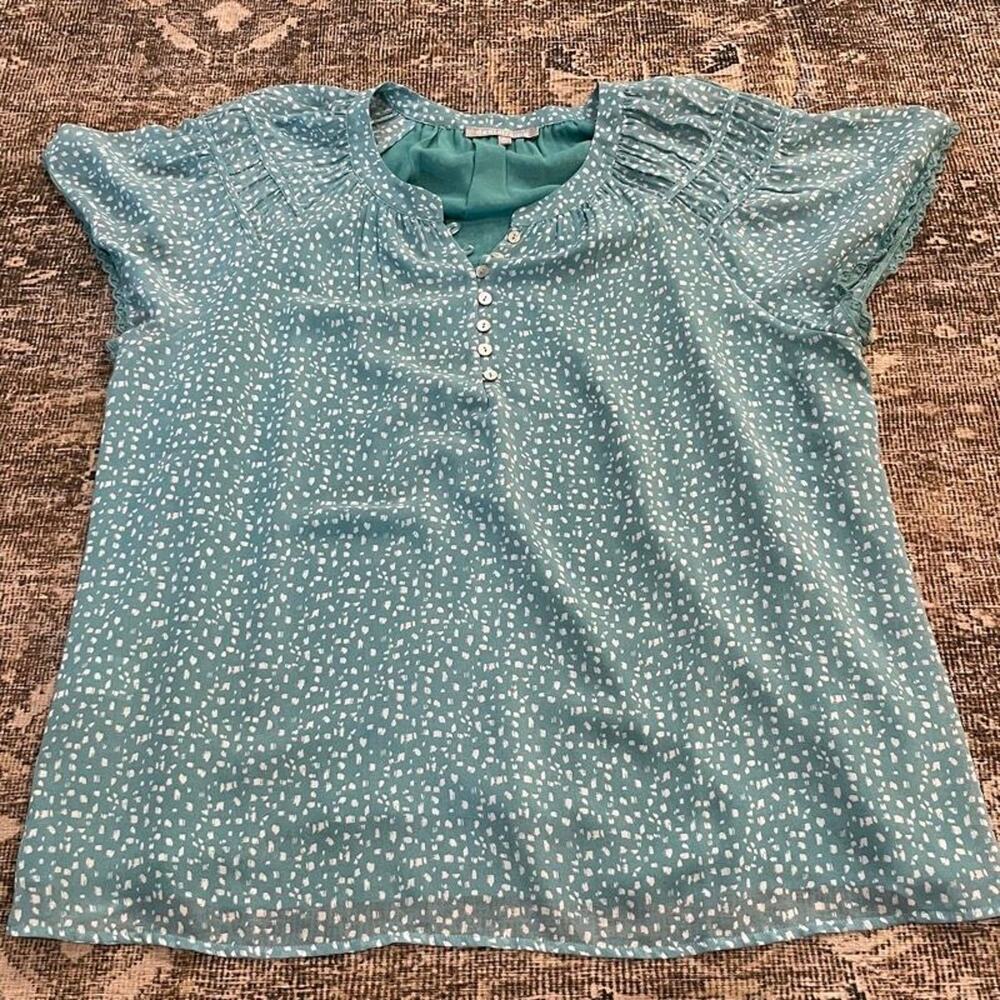Daniel Rainn Womens L Teal Blue White Dot Flutter Sleeve Sheer Blouse Top